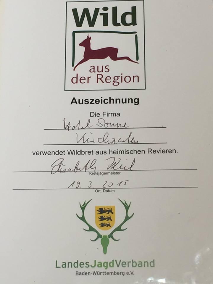 Auszeichnung Wild aus der Region für das Hotel Sonne in Kirchzarten
